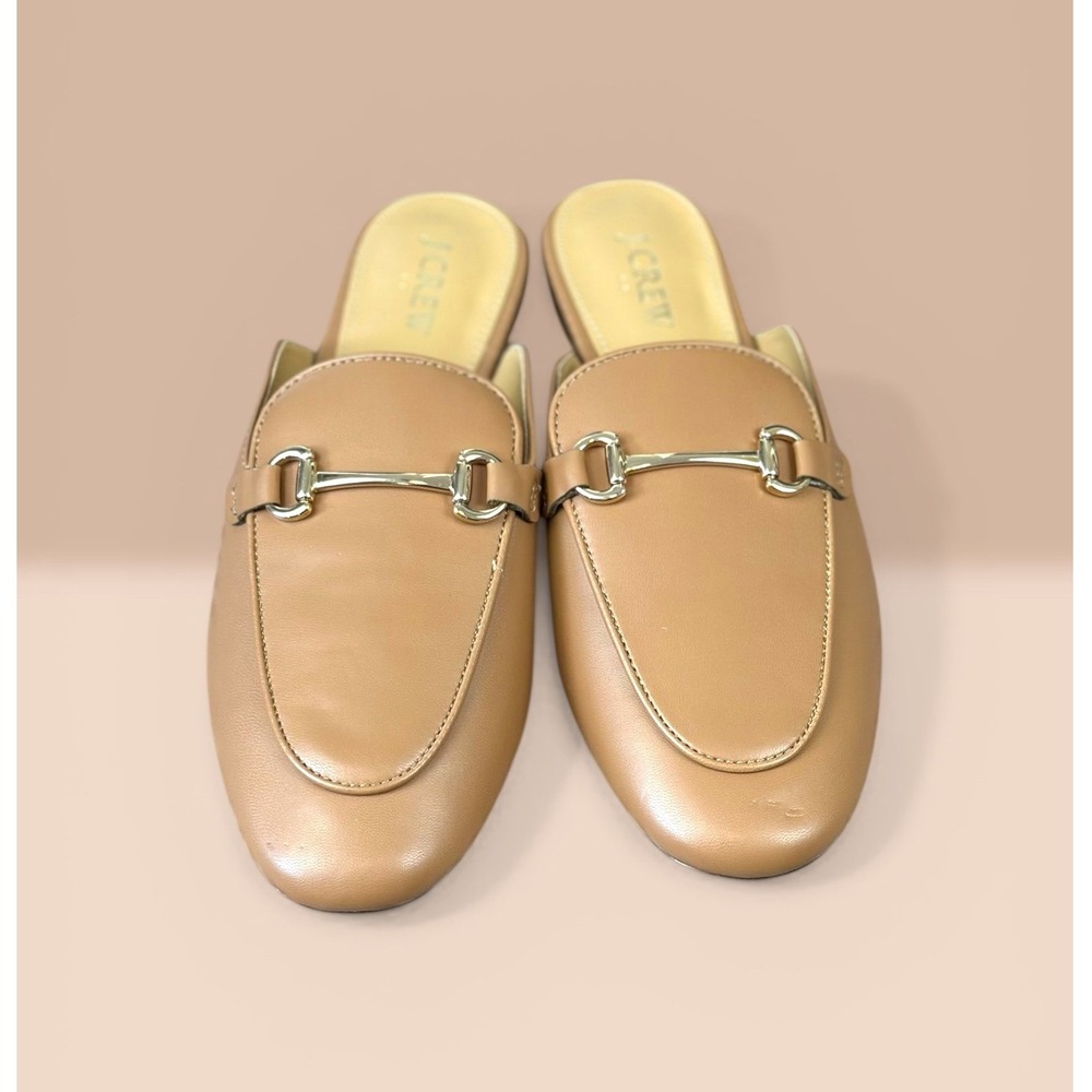 J.Crew NWOB Leather Horsebit Mules 9.5 Tan Brown Gold Hardware Loafer Slides